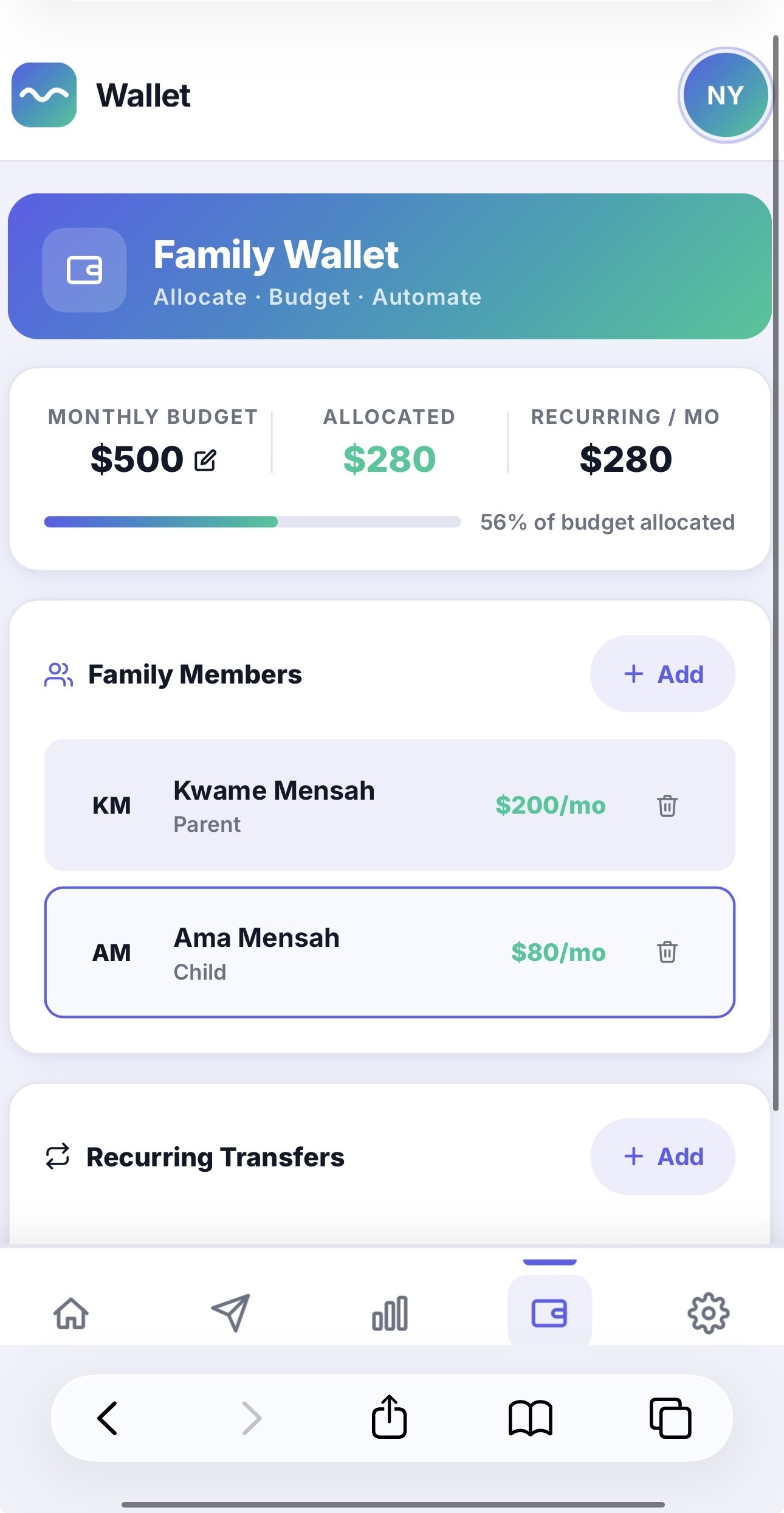 SikaWave Family Wallet Screen