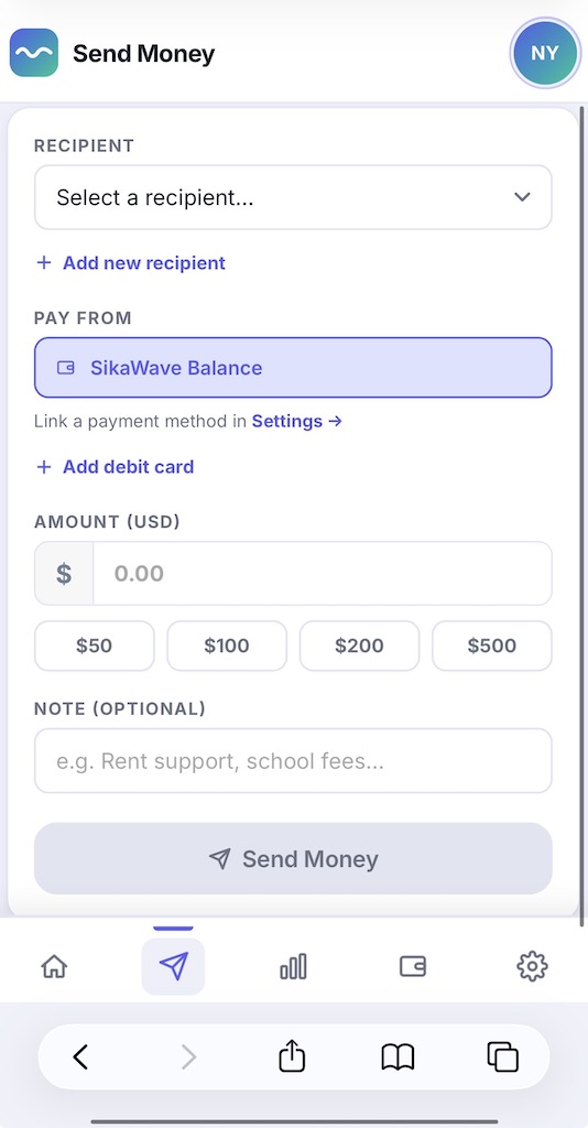 SikaWave Send Money Screen